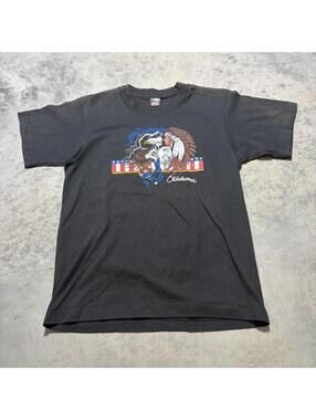 Vintage 90s Oklahoma Eagle Native T Shirt USA Black Tribal Lightning Youth 14-16